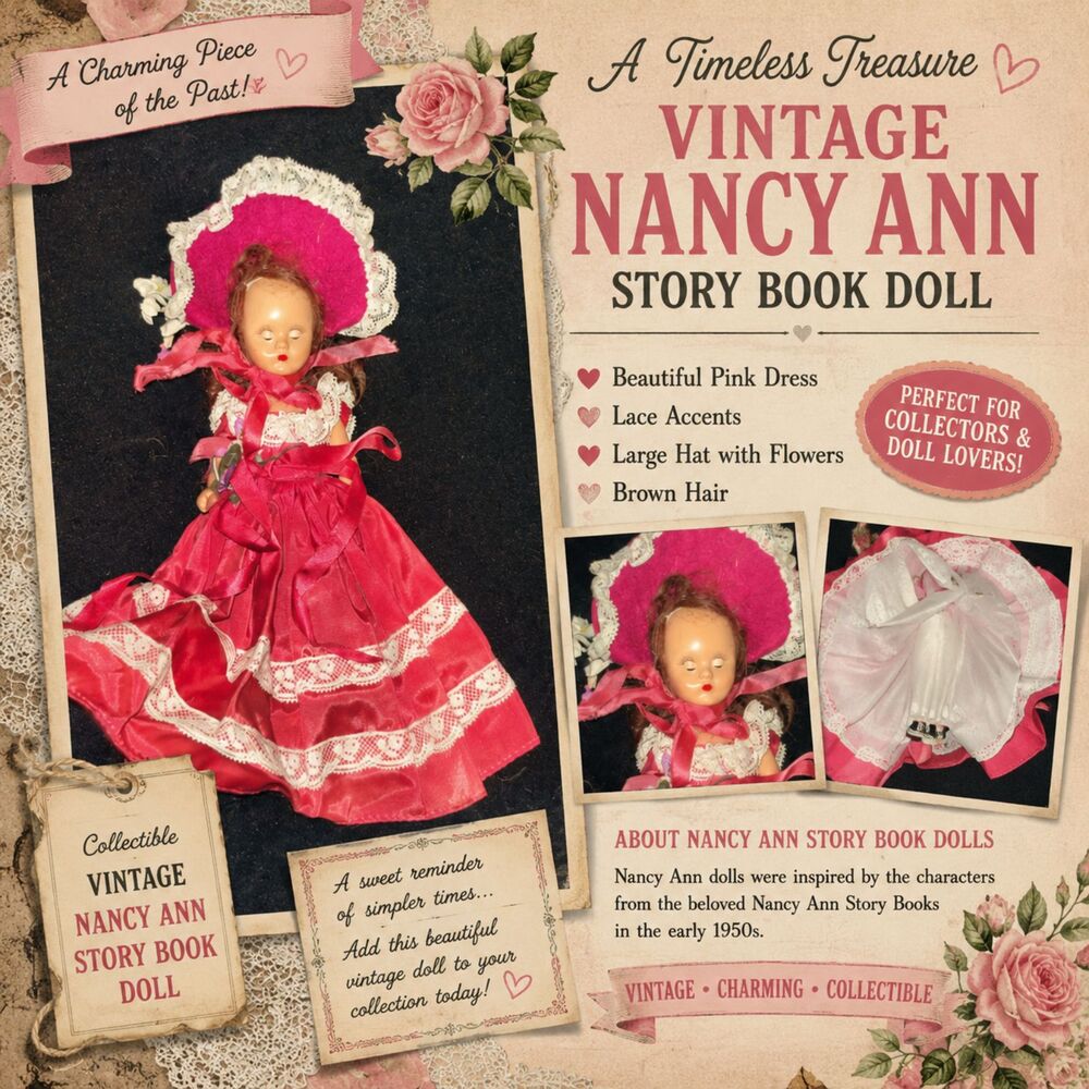 Vintage Nancy Ann Story Book Doll Brown Hair Pink Dress Huge Hat Flowers